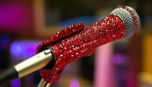 Jen Telgen encrusted this microphone with crystals for a client.