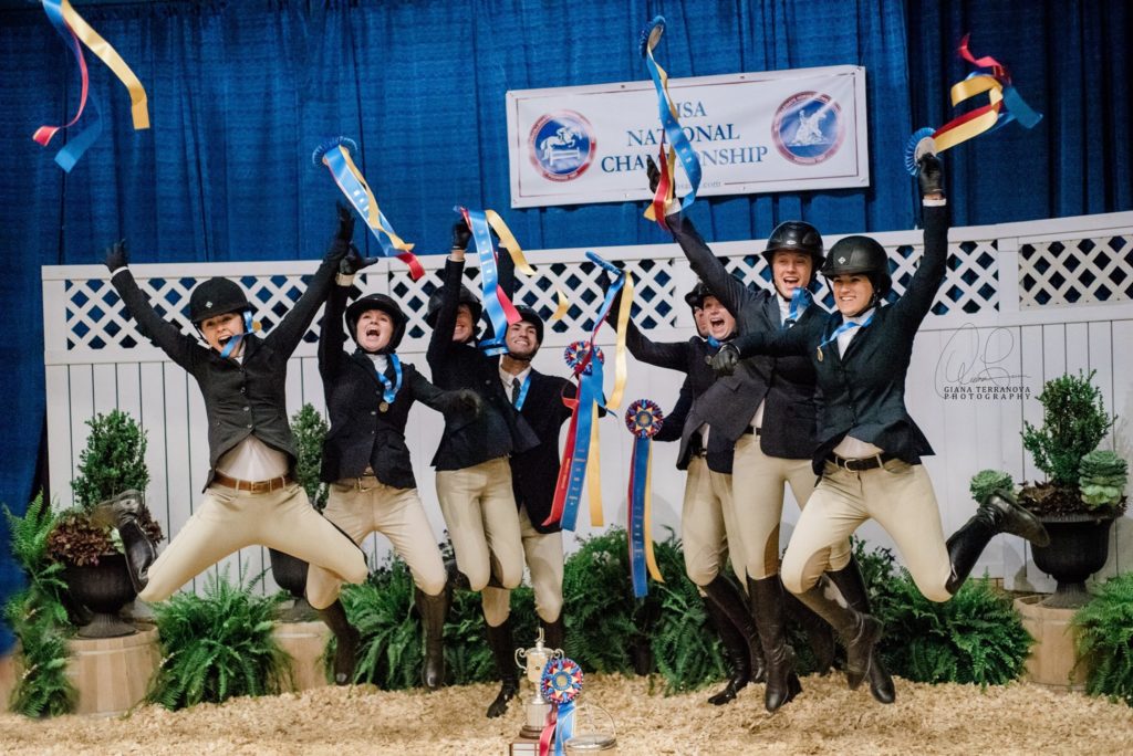 The SCAD riders celebrate after securing their tricolor ribbons for the IHSA huntseat team championship.